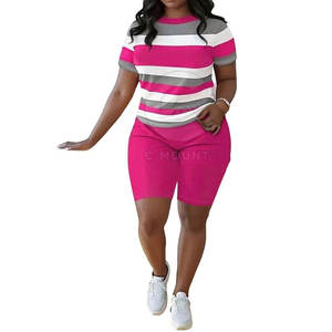 Conjunto de 2 Piezas para Mujer, Color Rosa y Gris a Rayas, con Estampado, Cuello Redondo, Manga Corta, Informal, Primavera-Verano, Transpirable, Tejido de Poliéster - Product Image 2