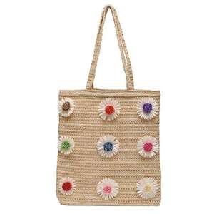 Mejora tu colección de accesorios con esta bolsa de hilo natural premium diseñada con margaritas multicolor y correas para el hombro. - Product Image 1