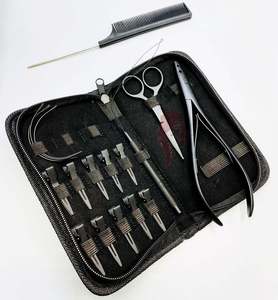 Black Matte Stainless steel High Quality Custom logo Hair extension tool kit <b>set</b> With <b>Plier</b>, Scissor, Clips and Rat Tail comb - Product Image 1