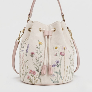 Floral Embroidered Cotton Canvas Bucket <b>Bag</b> Eco Friendly <b>Cream</b> Shopping <b>Bag</b> Pink Leatherette Trim Crossbody Handbag - Product Image 1