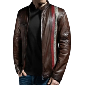 <b>Mens</b> <b>Brown</b> Genuine <b>Leather</b> Streetwear <b>Jackets</b> Contrast Vertical Stripes Snap Collar Zip Front Chest Pocket Premium OEM Outerwear - Product Image 5