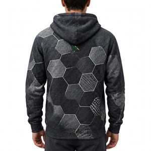 <b>Men</b> Charcoal <b>Grey</b> Honeycomb Hexagon Pattern Hoodie Textured Geometric Print Cotton Fleece Casual Winter Streetwear Pullover Tops - Product Image 3