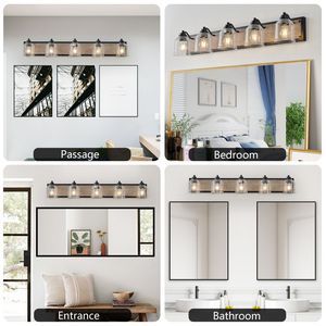Lampada da parete per bagno stile rustico da 40 pollici a 5 luci con paralumi in vetro smerigliato trasparente e finitura in legno nero, design applique da parete - Product Image 6