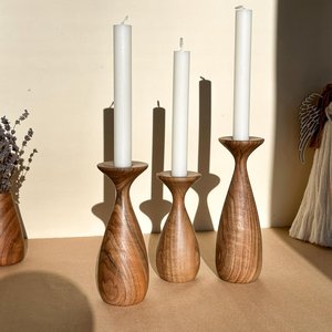 Wooden Candlestick Holder Set Natural Finish Home Decoration Nordic Style Teardrop Shape Three Piece Set - Product Image 1
