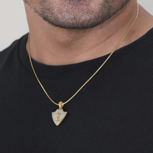 Luxury 18K Gold Shield Pendant Necklace With Diamond Chess Rook <b>Box</b> <b>Chain</b> Unisex Everyday Wear - Product Image 3