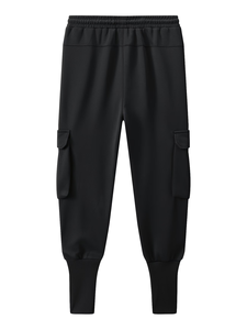 Men's Black Cargo Sweatpants Mid Waist Drawstring Casual Joggers Pockets Autumn Wear Loose Fit Knitted Corduroy Polyester/Cotton - Product Image 3