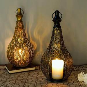 Ramadan Decor Handmade Eco-friendly Teardrop Shaped <b>Candlestick</b> <b>Holder</b> Vintage Black Metal Hollow Lamp - Product Image 3