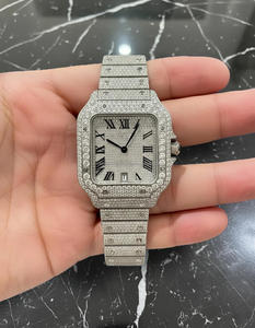 Superbe montre-bracelet de luxe pour homme en acier inoxydable, entièrement sertie de pierres, mouvement mécanique analogique, verre, résistance à l'eau 100 bars, bouton poussoir - Product Image 2