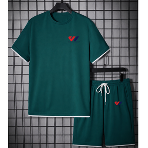 Green Men <b>T</b> Shirt and Shorts Set Contrast Trim Sports Tee Set Casual <b>Track</b> wear Outfit Streetwear and Home Comfort - Product Image 5