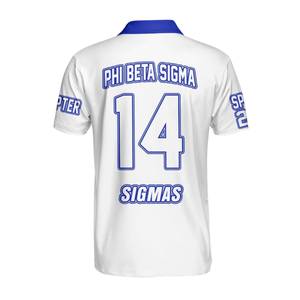 Phi Beta Sigma <b>Ringer</b> <b>T</b>-<b>Shirt</b> <b>Men</b> White Blue Short Sleeve Contrast Collar Number 14 Back Print Greek Jersey - Product Image 3