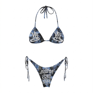 High quality 200 GSM polyester spandex <b>bikini</b> <b>set</b> blue black graffiti print custom logo ties Women <b>Bikini</b> <b>Set</b> - Product Image 1