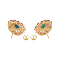 Anting-anting stud halo motif bunga dengan safir merah muda, turquoise, dan berlian berkualitas tinggi ODM OEM, perhiasan emas kuning 14K