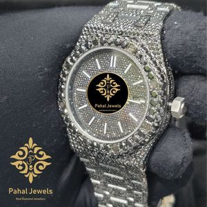 Montre mécanique de luxe glacée avec incrustations de moissanite, bracelet en acier inoxydable, cadran analogique argenté, lunette en cristal, montre-bracelet de soirée - Product Image 3