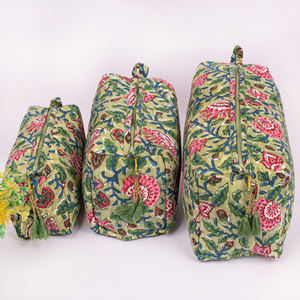 Set Of Three Fabric Makeup <b>Bag</b> Cotton Quilted Block Printed Zipper Closer Gift For Her Handmade Toiletry Cosmetic <b>Bags</b> Pouches - Product Image 1