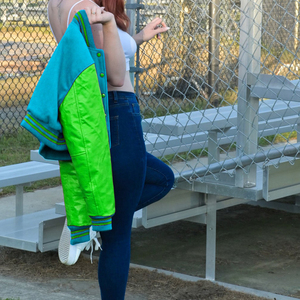 Chaqueta Corta Estilo Universitaria para Mujer, Azul Verde, Estilo Bomber, Mangas de Cuero Sintético, Ropa Exterior Informal, Moda Femenina - Product Image 3