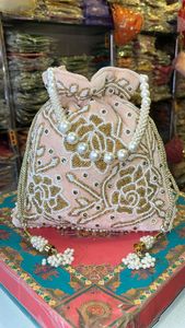 Custom Name Personalized Silk Potli Bag Golden Zardosi Ruby Stone Work Women <b>Wedding</b> Drawstring Purse Ethnic <b>Handbag</b> Boutique - Product Image 2