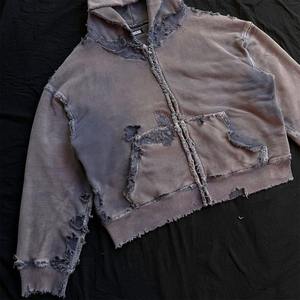 Sudadera con capucha unisex de algodón 100% de 500 GSM, estilo streetwear, con cremallera, efecto desgastado por el sol y lavado ácido, diseño destruido. - Product Image 2