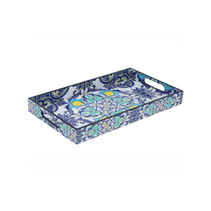 Bandeja de Servir Floral con Diseño Persa, Elegante Plato Decorativo de MDF con Asas, Azul Artístico, para Mesa de Centro, Decoración del Hogar - Product Image 1