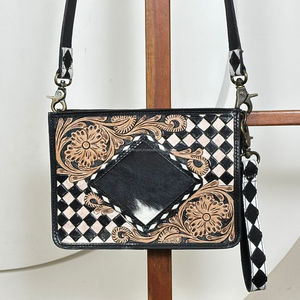 High Quality Hand-Tooled Leather Small Shoulder Bags Cowhide & Checkered Pattern Western Style Square Crossbody Wristlet Purse - Product Image 4