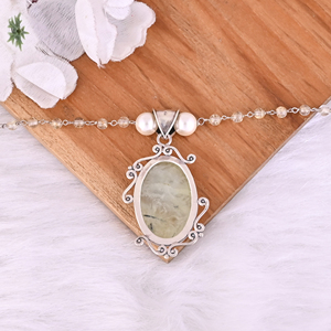 Collier pendentif en argent sterling 925 avec perle, rutile doré et préhnite - Product Image 6
