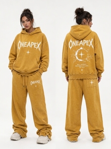 Men's 2 Piece Mustard Yellow Washed Hoodie <b>Sweatpants</b> Set Oversized Distressed Graphic Pullover Tracksuit Streetwear - Product Image 2