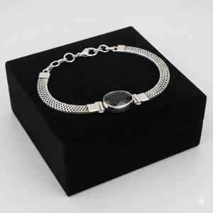 Bracelet à maillons bohèmes fait main en argent plaqué 925 Samrat Jewels pour femme, avec spinelle noire ovale ajustable sertie en clos - Product Image 2