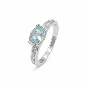 แหวนอะความารีนธรรมชาติ เงินแท้ 925 ชุบโรเดียม ดีไซน์หรูหราแบบ Haf Bezal Setting - Product Image 1