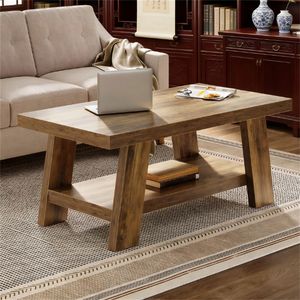 Tavolino da Caffè Stile Fattoria a Doppio Strato con Spazio di Archiviazione per Divani e Soggiorni - Product Image 2