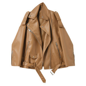 Chaquetas de cuero sintético para mujer, estilo motociclista, con hombros caídos y detalles de encaje, impermeables, acolchadas, holgadas, informales, para primavera y otoño - Product Image 1