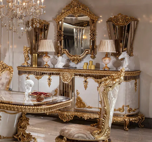 Juego de Mesa de Comedor Rectangular de Madera de Teca Dorada de Lujo, Estilo Europeo Clásico Tallado, Ecológico, Duradero, Muebles de Comedor para Hotel - Product Image 3