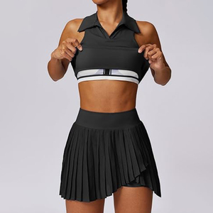 Women's 2-Piece Tennis Set Collared Halter Crop Top & Pleated Skort Built-In <b>Shorts</b> Pocket Breathable Athletic Wear Wholesale OE - Product Image 3