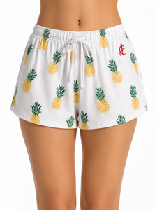 <b>Women's</b> Pineapple Print Drawstring <b>Shorts</b> <b>White</b> Cotton Casual Summer Wear Mid Waist Regular Fit Breathable Knitted <b>Women</b> <b>Shorts</b> - Product Image 1