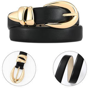 Cinturón de cuero negro para mujer con hebilla ovalada dorada – Elegante cinturón delgado para la cintura - Product Image 4