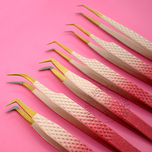 Pink Anti-Static Eyelash Extension Tweezers Mega Volume Boot Fiber Golden Tip Tweezer for Lash Isolation 45 90 Degree Tweezer - Product Image 2