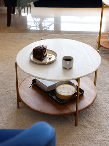 Modern <b>Round</b> <b>Coffee</b> <b>Table</b> Marble Top Metal Frame <b>Wooden</b> Shelf Storage Living Room Furniture Midcentury Design - Product Image 6