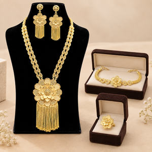 Juego de Joyería Floral Chapado en Oro de 24K, Collar Largo, Aretes, Pulsera y Anillo, Joyería Nupcial India Tradicional para Mujer, Regalo - Product Image 1