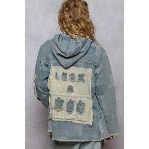 POL Raw Hem Drawstring Zip up Chaqueta de mezclilla con capucha para mujer - Product Image 4