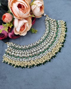 Heavy Ethnic CZ Studded Bridal Choker <b>Set</b> With Pearl Drop Accents Matching Earrings & Mangtika Antique <b>Gold</b> Plated <b>Jewellery</b> <b>Set</b> - Product Image 5