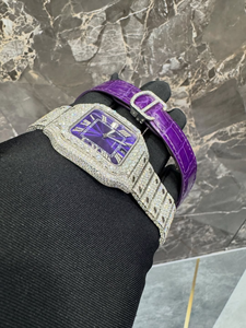 Reloj Moissanite Incoloro Totalmente Cubierto de Diamantes, Esfera Morada con Números Romanos, Reloj Automático para Hombre, Reloj Mecánico Personalizado para Él - Product Image 4