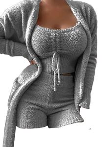 Suspender Top <b>Shorts</b> <b>Long</b> Coat 3 Piece Set for <b>Women</b> Fashion Autumn Solid Color Lace up Plush Casual Home Suit Female - Product Image 5