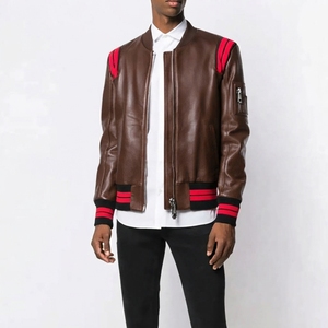 Blouson aviateur en cuir pour homme, rouge, à rayures, avec fermeture éclair, col montant, style moto, automne, uni - Product Image 2