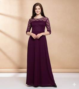 Robe longue en tissu georgette pour femme, couleur violette, avec doublure en crêpe, tailles M 38, L 40 disponibles, vente en gros, stock disponible - Product Image 3