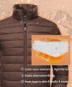 Veste matelassée marron pour homme, col montant, coupe-vent, rembourrage en polyester, coupe classique, fermeture éclair, style décontracté pour l'automne - Product Image 4