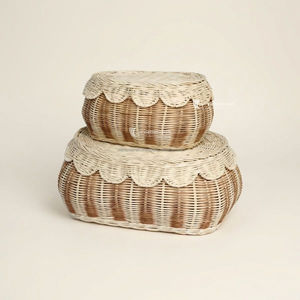 HOT <b>Rattan</b> <b>Storage</b> <b>Basket</b> with Lid, Scalloped Edge Round Organizer Box for Bathroom and Bedroom - Product Image 2