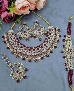 Traditional Ethnic Dual Bridal <b>Set</b> Heavy CZ Studded Choker & Necklace Combo With Matching Chadbali Earrings & Mangtika Wholesale - Product Image 2