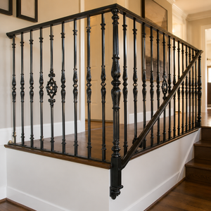 Classic Black Wrought Iron Balcony <b>Railing</b> with Arched Floral Panels for Villa Exterior Window Terrace Guardrail - Product Image 1
