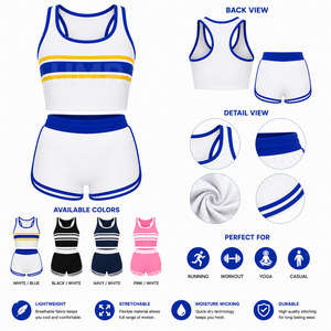 Ensemble sportif 2 pièces HMR Sorority Sisterhood, haut court rayé blanc bleu jaune, short taille haute sans manches, été - Product Image 6
