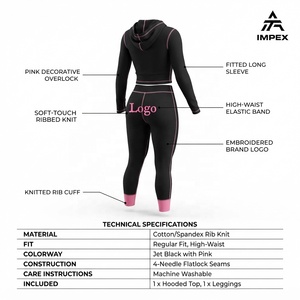 Ensemble de vêtements de sport pour femmes, noir avec bordure rose, à capuche, 2 pièces, coupe ajustée, longueur intégrale, respirant, tricoté, pour toutes les saisons - Product Image 5