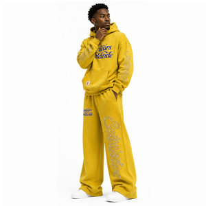 Survêtement à capuche écologique coupe ample longueur intégrale avec logo en strass, streetwear unisexe adulte, pantalon en coton à cordon de serrage pour l'automne - Product Image 5