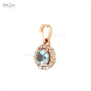 Chordia Jewels Natural 4mm Round Cut Aquamarine & Diamond Halo <b>Pendant</b> 14k <b>Solid</b> Rose <b>Gold</b> Wholesale Wedding <b>Pendant</b> Jewelry - Product Image 2